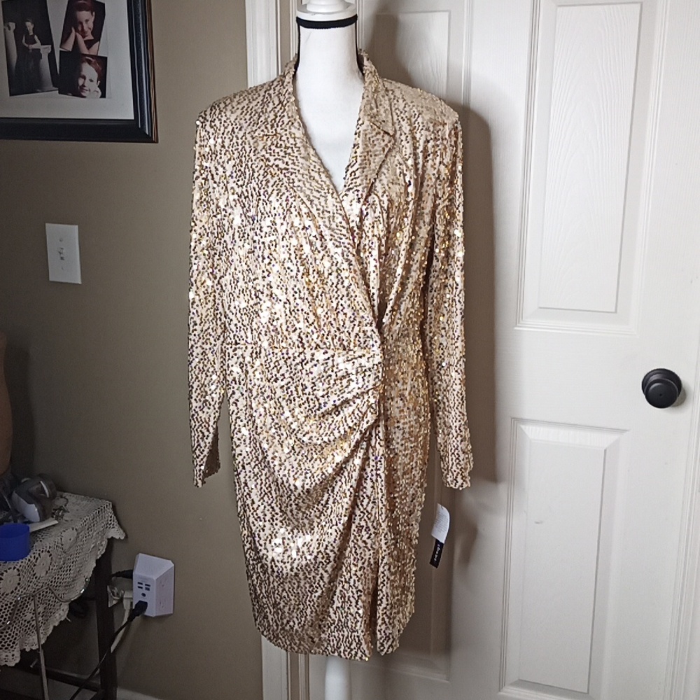 New Clover and Sloane Blazer Wrap Gold Sequin Draped EveninG Dress Sz 18